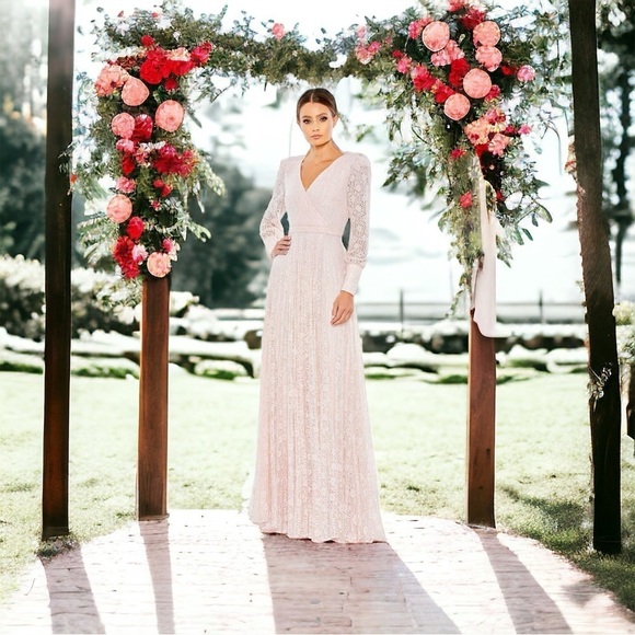 MAC DUGGAL 93679 dress gown pink size 6 formal long sleeve lace beaded NWT - Picture 2 of 16